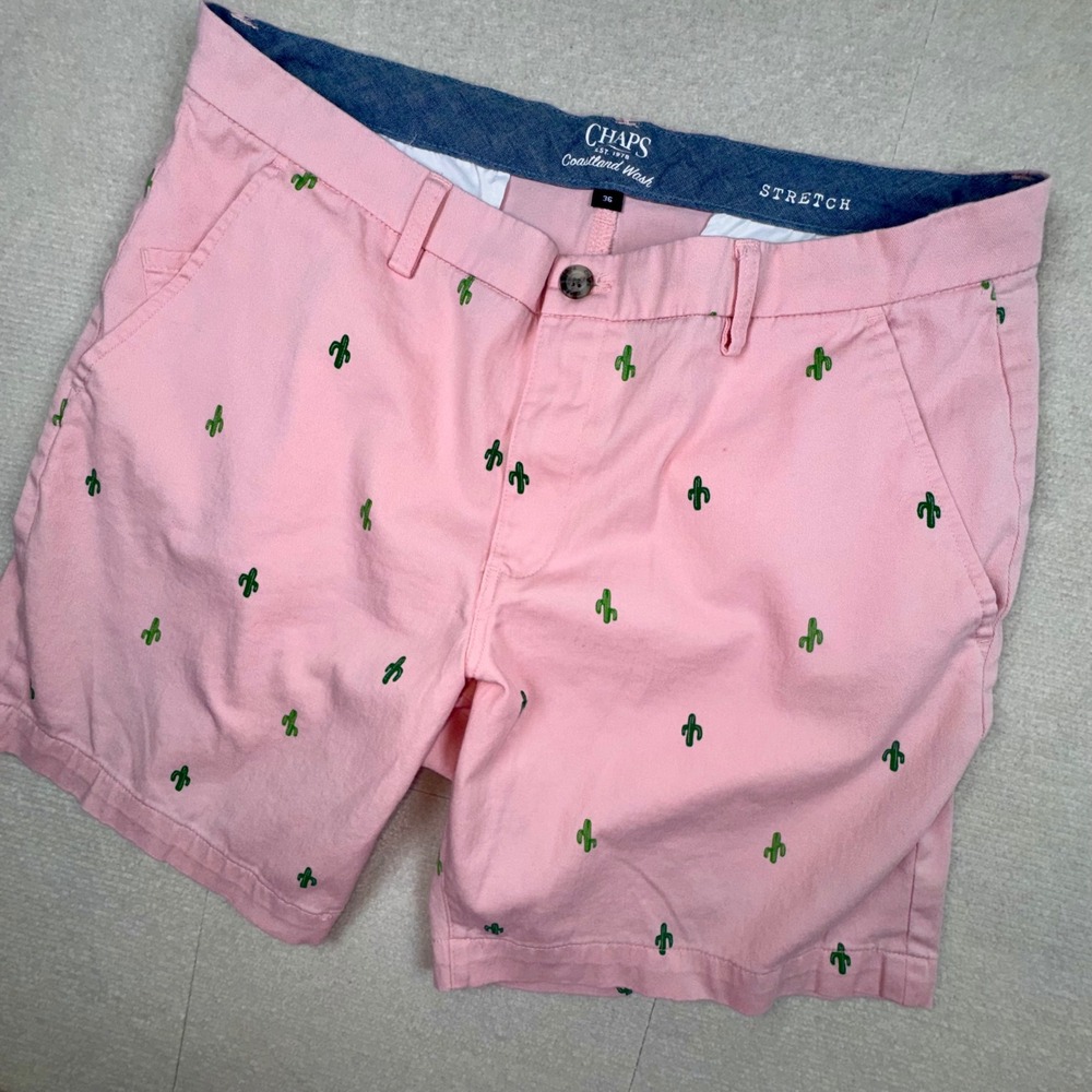 Chaps Shorts Mens 36 Pink Cactus Embroidery Coastland Wash Stretch Flat Front